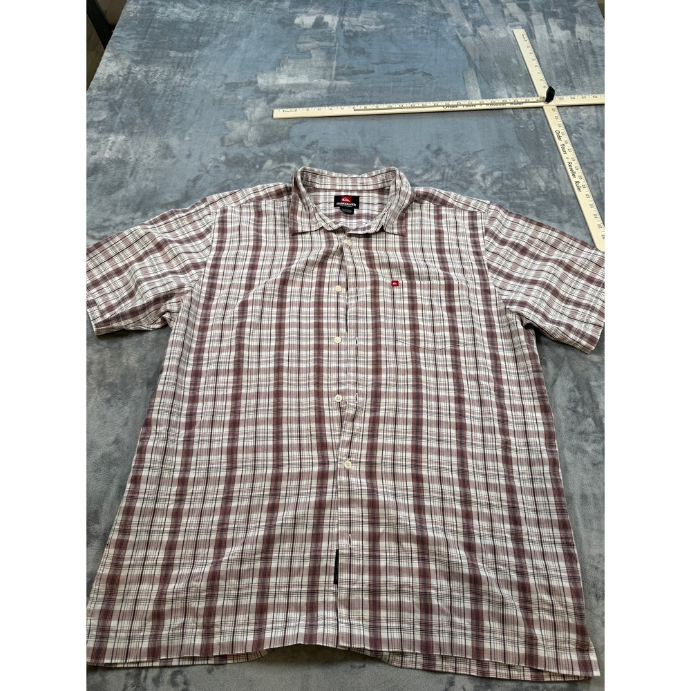Quiksilver Men's XXL Plaid Casual Button-Down Shirt White Red Brown Short Sleeve